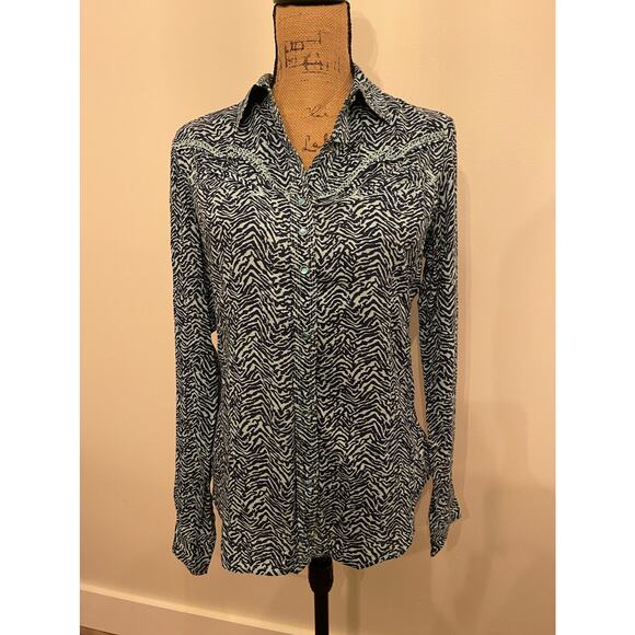 Rock 47 by Wrangler Blue & Black Zebra Print Snap Button Up Shirt Size Small - Picture 1 of 4